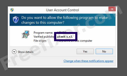 Screenshot where aSwIt s.r.l. appears as the verified publisher in the UAC dialog